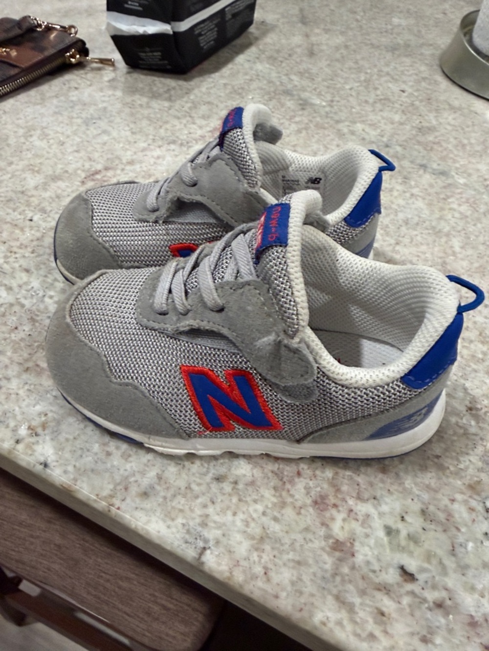 New Balance Kids Gray Sneakers with Blue and Red Accents - Picture 2 of 4